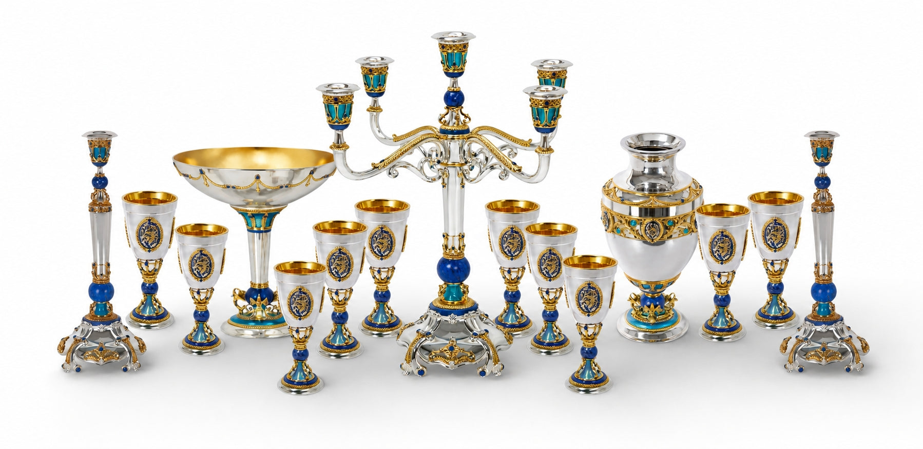 Swan Sky Monumental Imperial Style Silver, Lapis Lazuli and Enamel Garniture Set