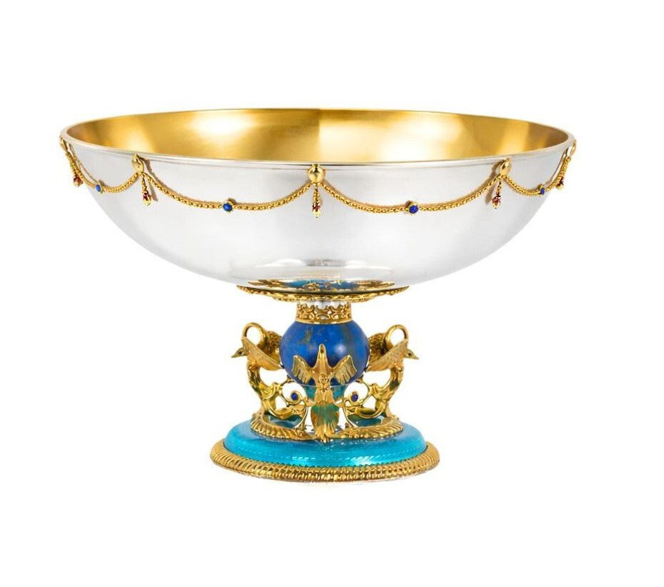 Luxury sterling silver centerpiece bowl with gold vermeil interior, lapis lazuli base and enamel details, Swan Sky collection