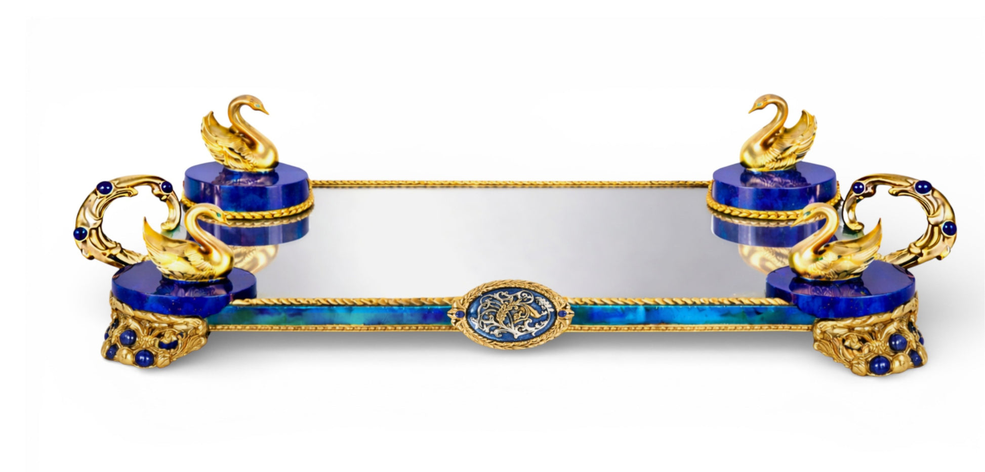 Swan Sky Imperial serving tray handcrafted in solid silver with lapis lazuli and 24k gold gilded swan handles by Konforti Jewelry