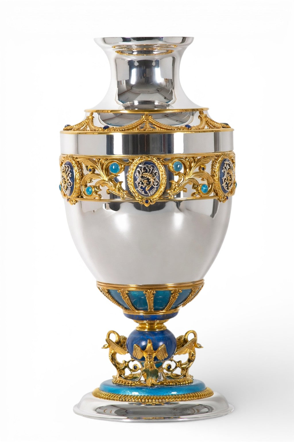 Swan Sky Imperial vase handcrafted in solid silver with lapis lazuli, 24k gold gilding and guilloché enamel by Konforti Jewelry