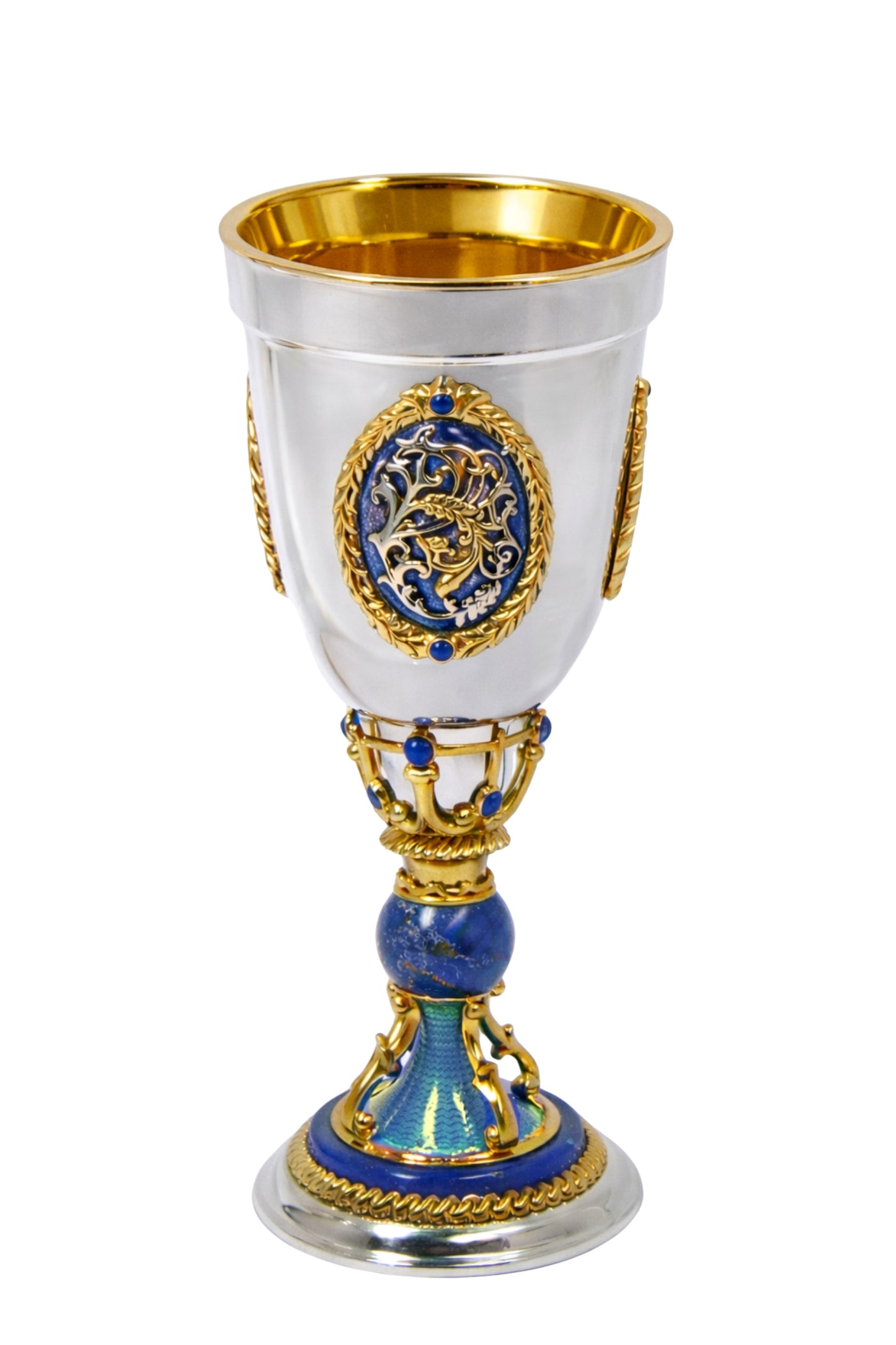 Handcrafted Imperial silver goblet with fully gilded interior and carved lapis lazuli stem