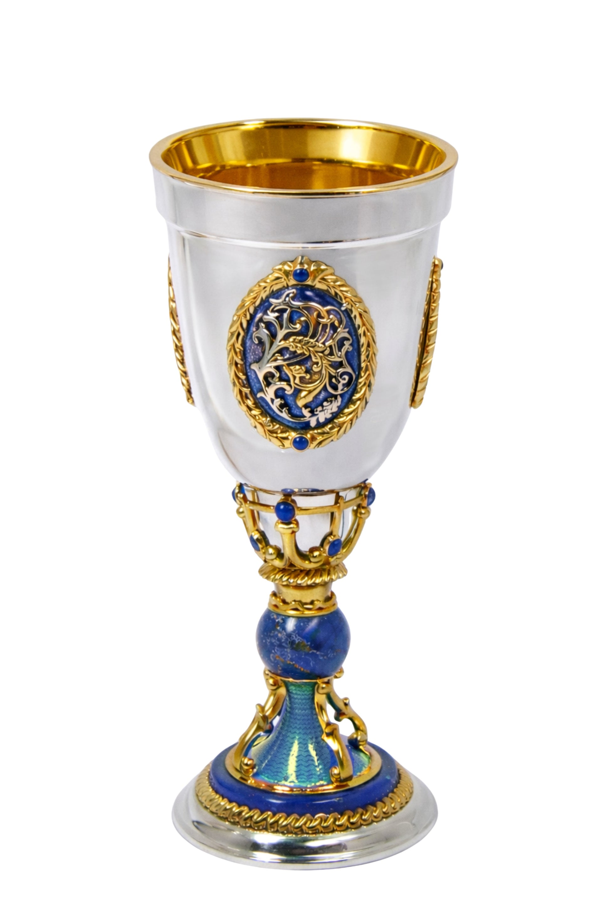 Handcrafted Imperial silver goblet with fully gilded interior and carved lapis lazuli stem