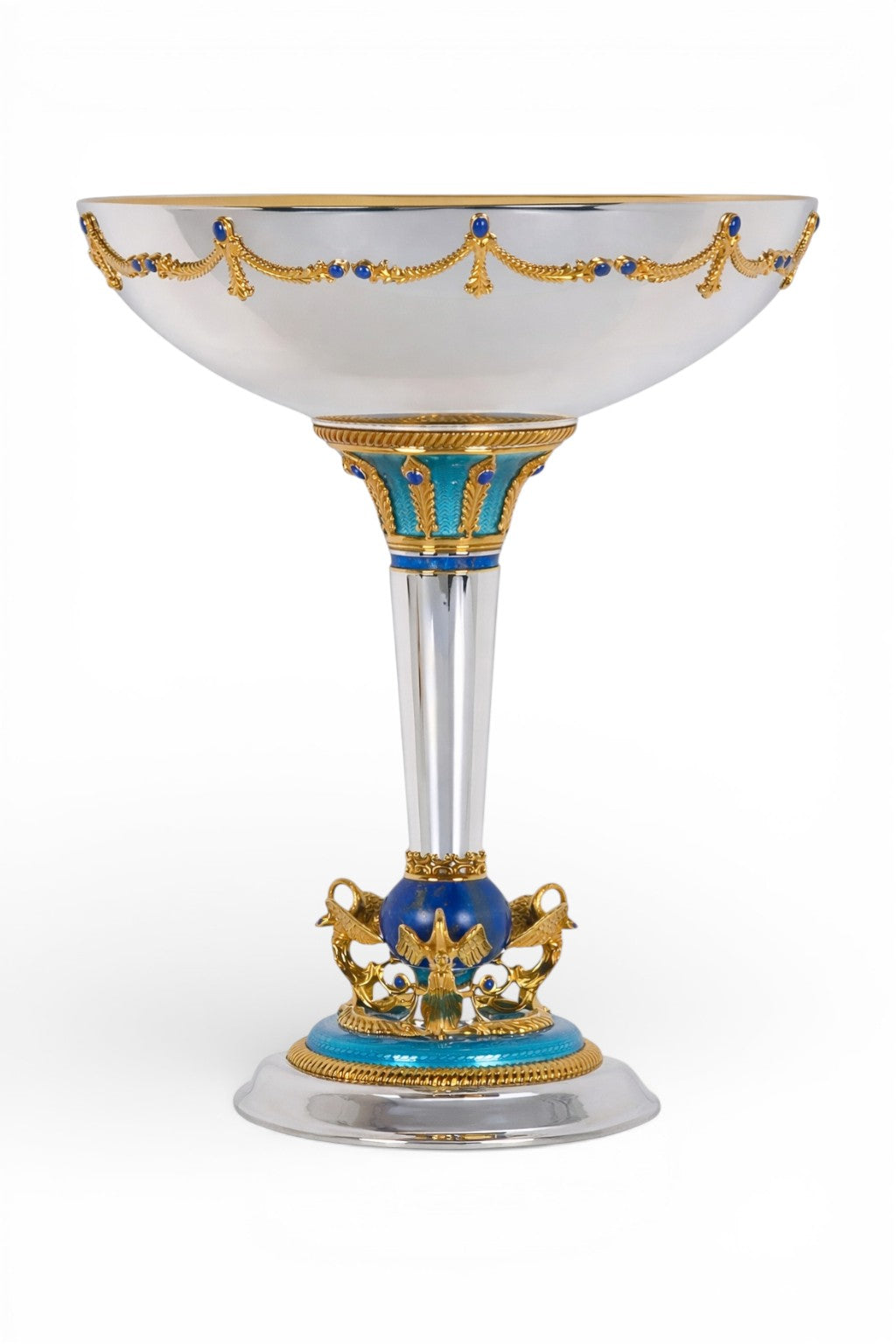 Monumental silver fruit bowl centerpiece with gold garland detailing, lapis lazuli accents and turquoise guilloché enamel pedestal.