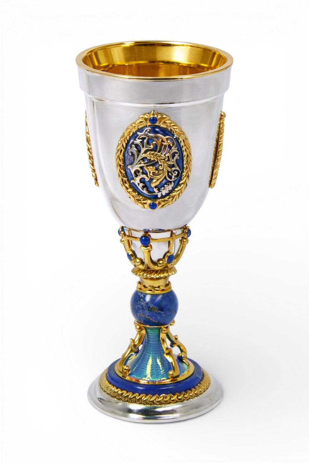 Handcrafted silver goblet with gilt interior, lapis lazuli stem and customizable medallion in blue guilloché enamel and gold.