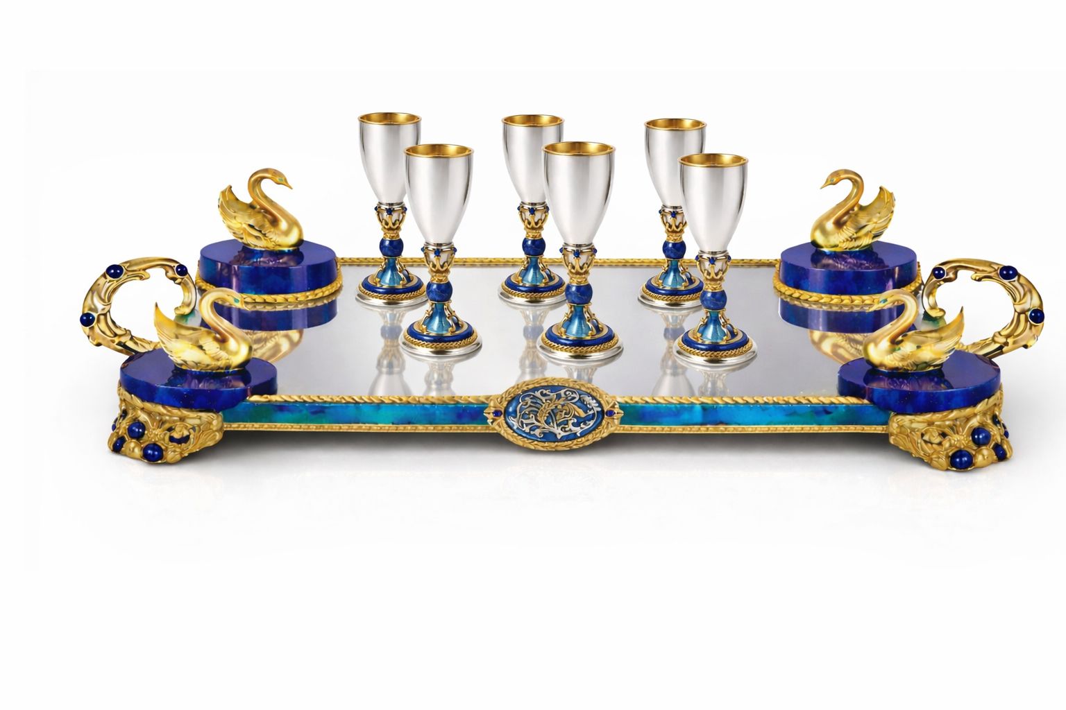 Luxury sterling silver liqueur service with tray and six cups, featuring lapis lazuli, guilloché enamel and gold vermeil Swan Sky design