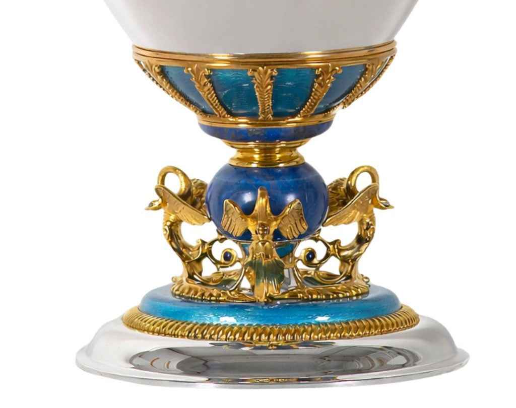 Carved lapis lazuli base with gilded swan ornament supporting a handcrafted Imperial silver vase