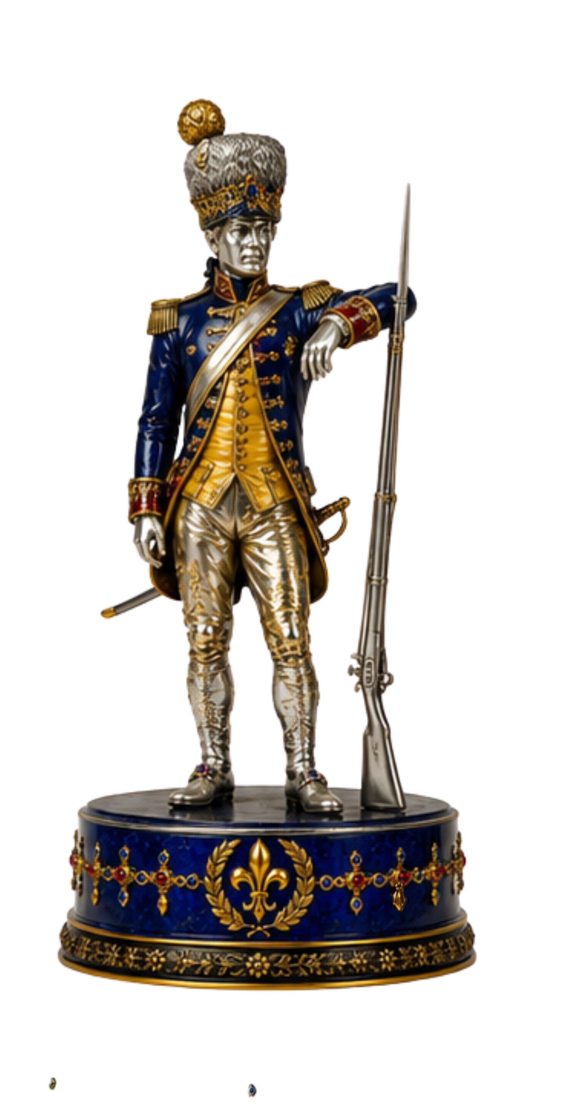 Swiss Guard chess pawn representing the French royal household in silver, blue enamel and gold detailing