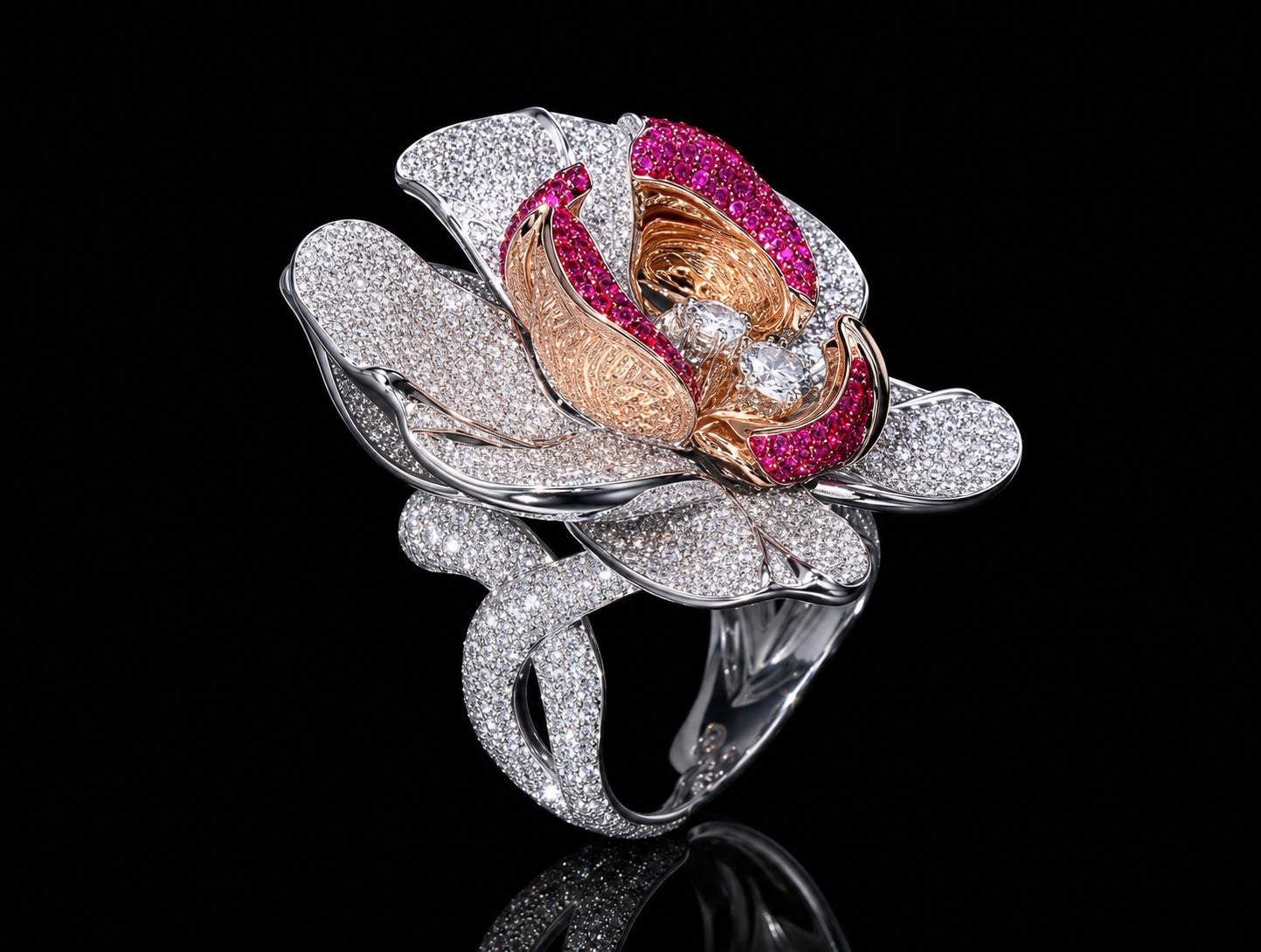 Luxury Empress Orchid diamond and ruby ring showing layered orchid petals in pavé-set diamonds, rose gold floral center accented with vivid rubies, and flowing high jewelry botanical design.