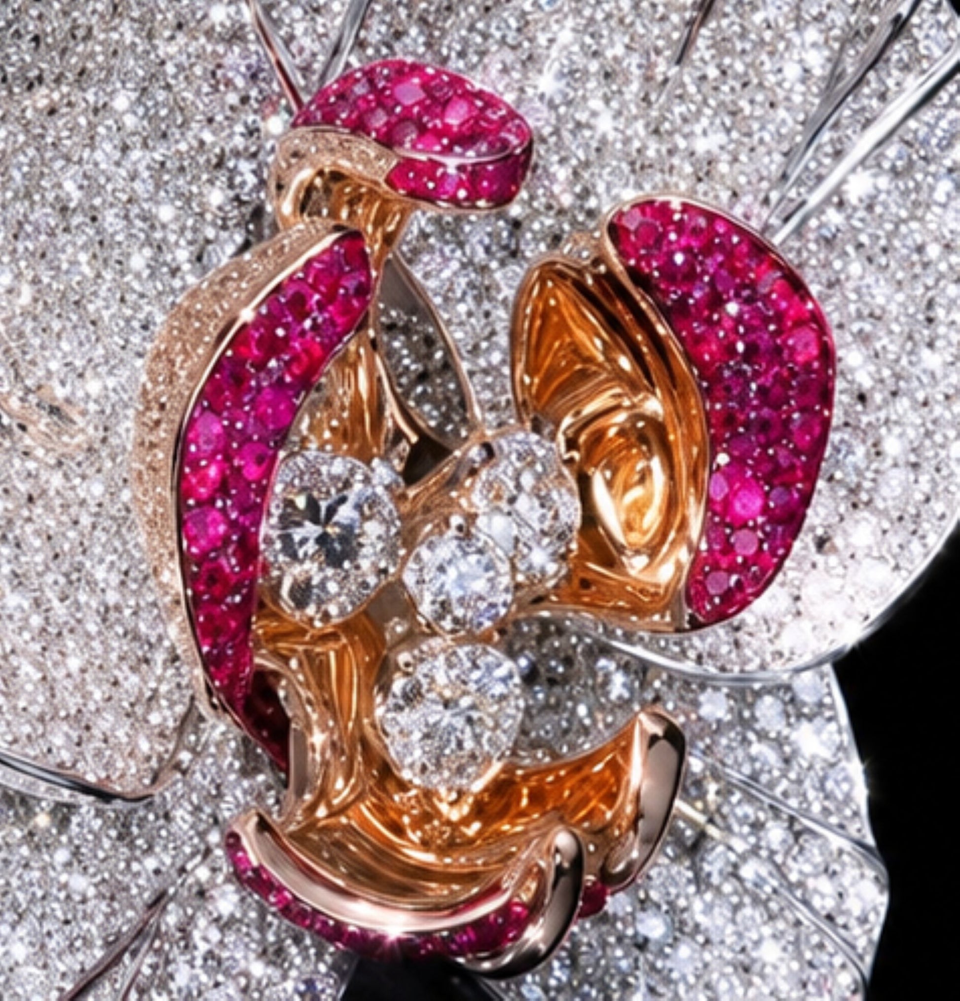 Macro detail of the Empress Orchid ring highlighting pavé-set rubies, polished pink gold petals, and four round brilliant diamonds at the heart of the flower.