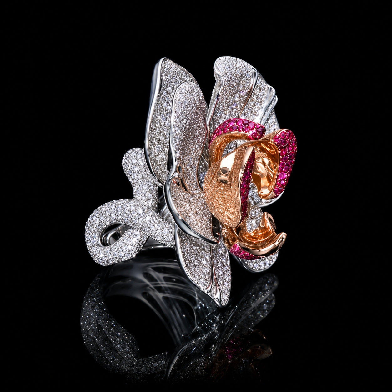 Side profile of the Empress Orchid cocktail ring crafted in 18K white gold, displaying sculptural diamond-set orchid petals, ruby pavé accents, and dimensional floral architecture.