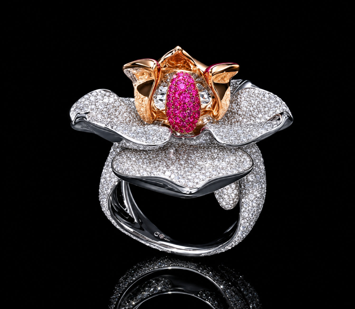 Rear profile of the Empress Orchid diamond and ruby ring revealing intricate gold petal construction, pavé diamond orchid petals, and sculptural high jewelry craftsmanship.