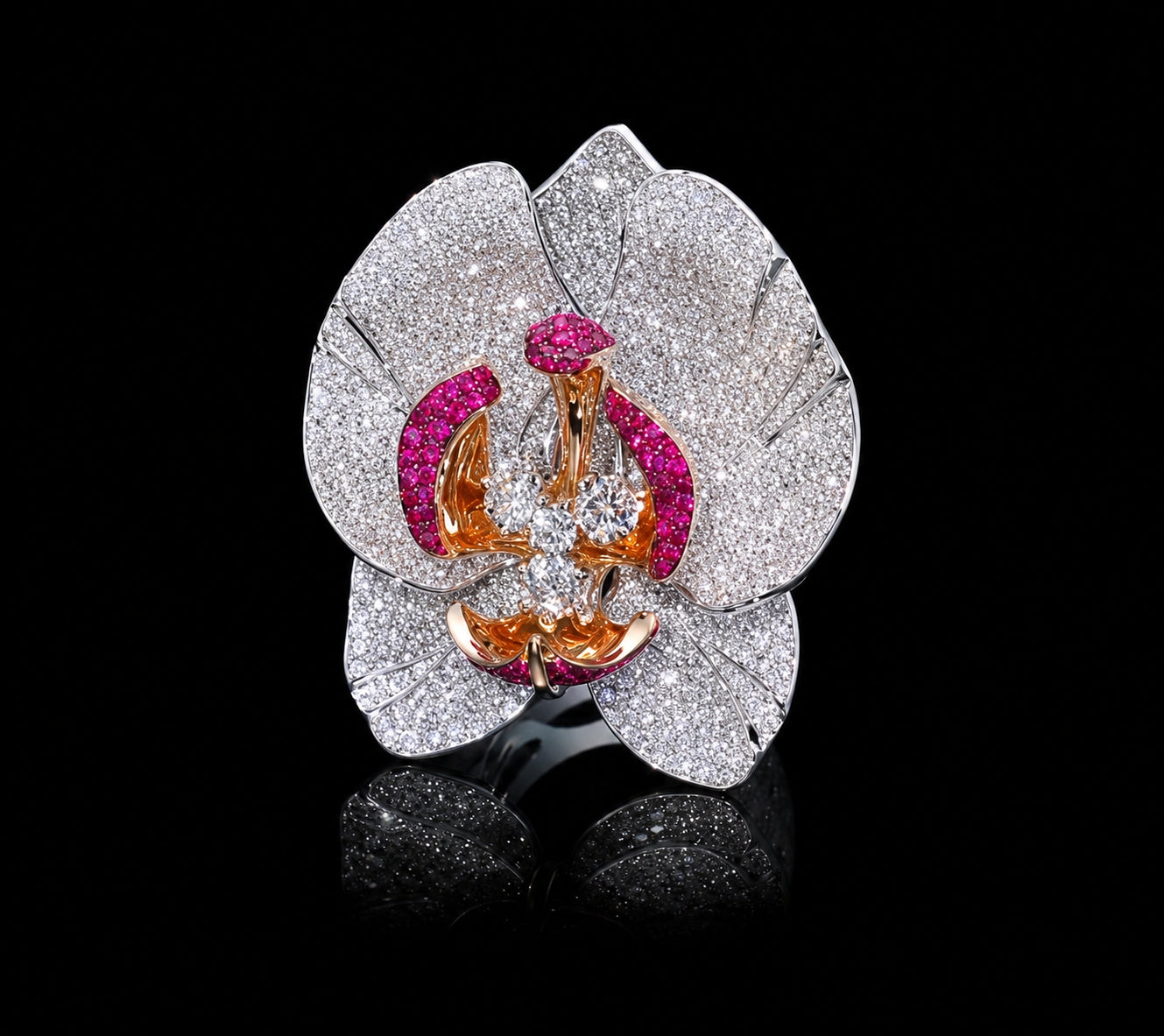 Empress Orchid high jewelry ring featuring thousands of pavé-set diamonds, vivid ruby accents, sculptural pink gold inner petals, and brilliant center diamonds arranged as an orchid pistil.