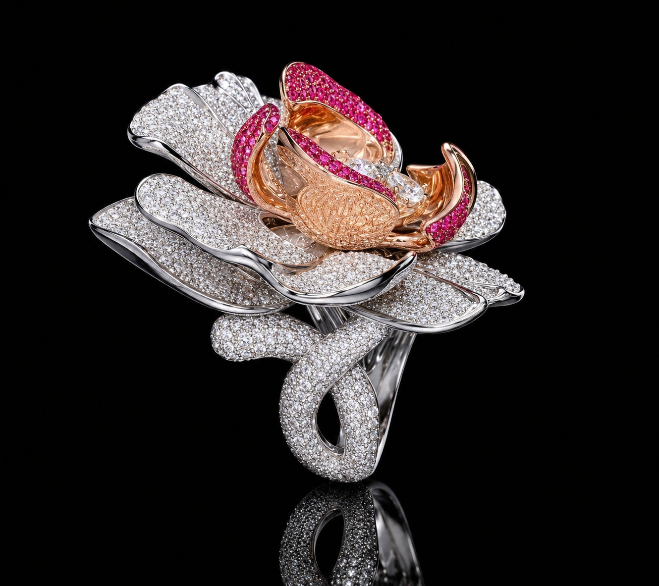 Museum-quality orchid cocktail ring with pavé diamonds and ruby-set pink gold petals, showcasing the dramatic layered construction and couture-inspired floral silhouette.