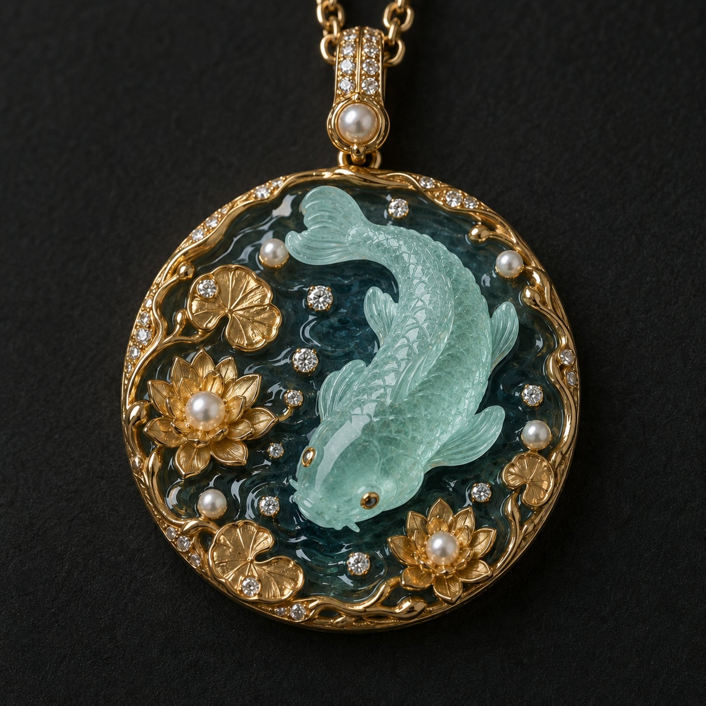 Dance of the Koi 18K gold pendant with hand-carved aquamarine koi, hot enamel, diamonds, pearls and lotus flowers