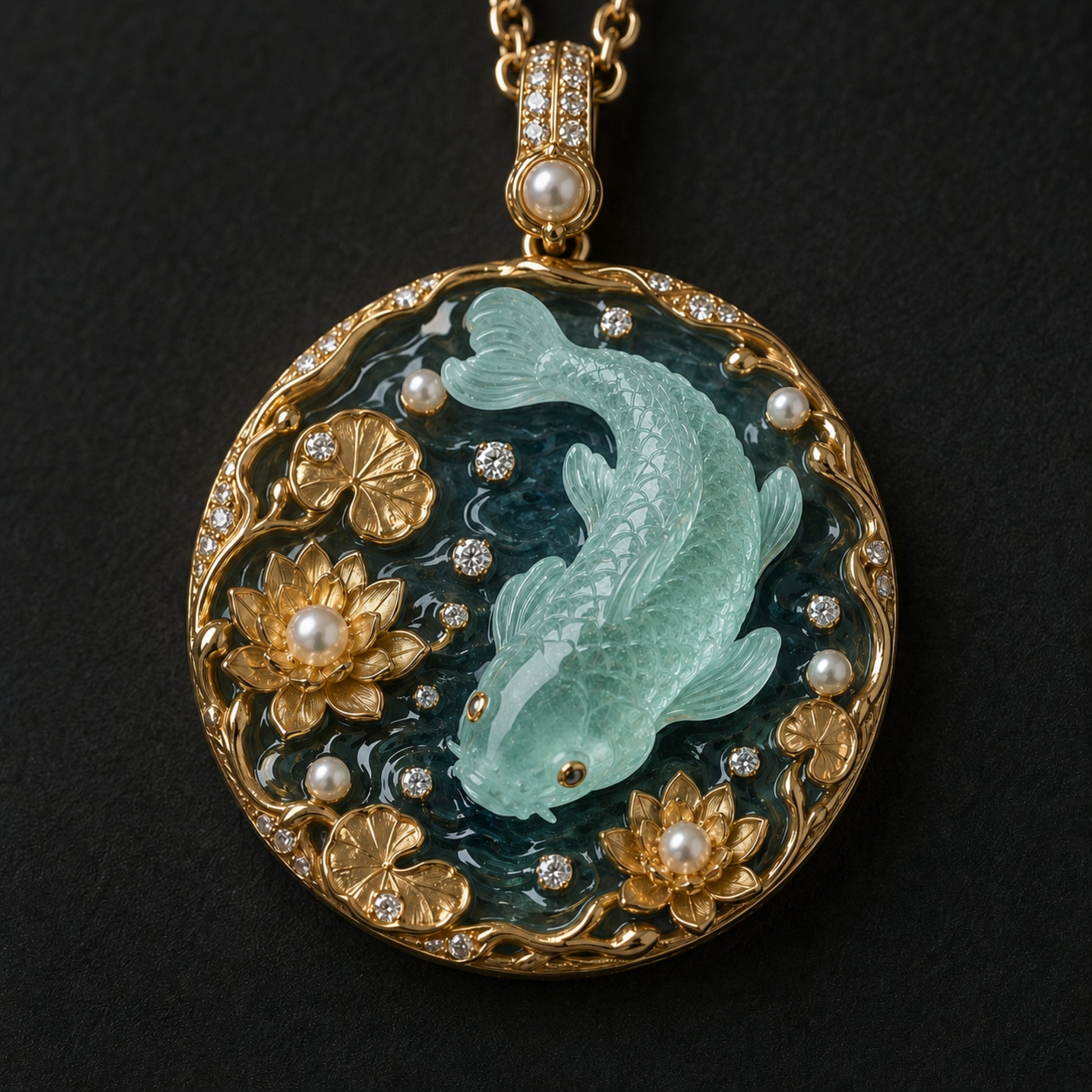 Dance of the Koi 18K gold pendant with hand-carved aquamarine koi, hot enamel, diamonds, pearls and lotus flowers