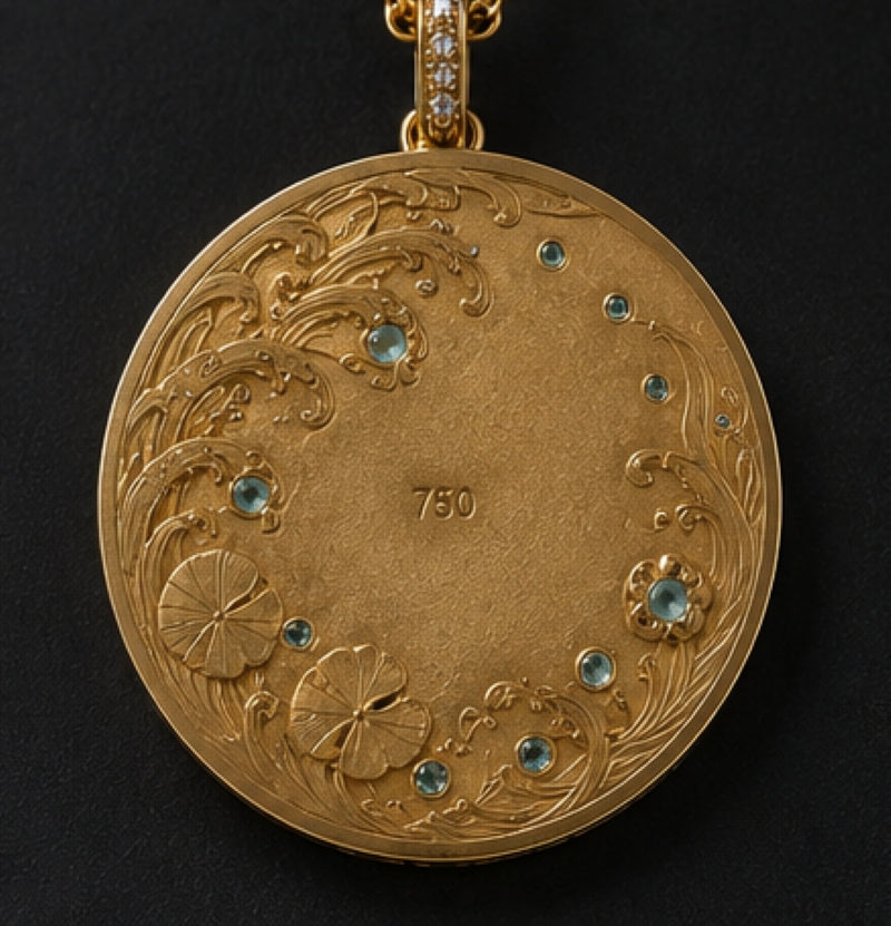 Back view of Dance of the Koi 18K gold pendant with sculpted lotus and wave details and inset aquamarine gemstones