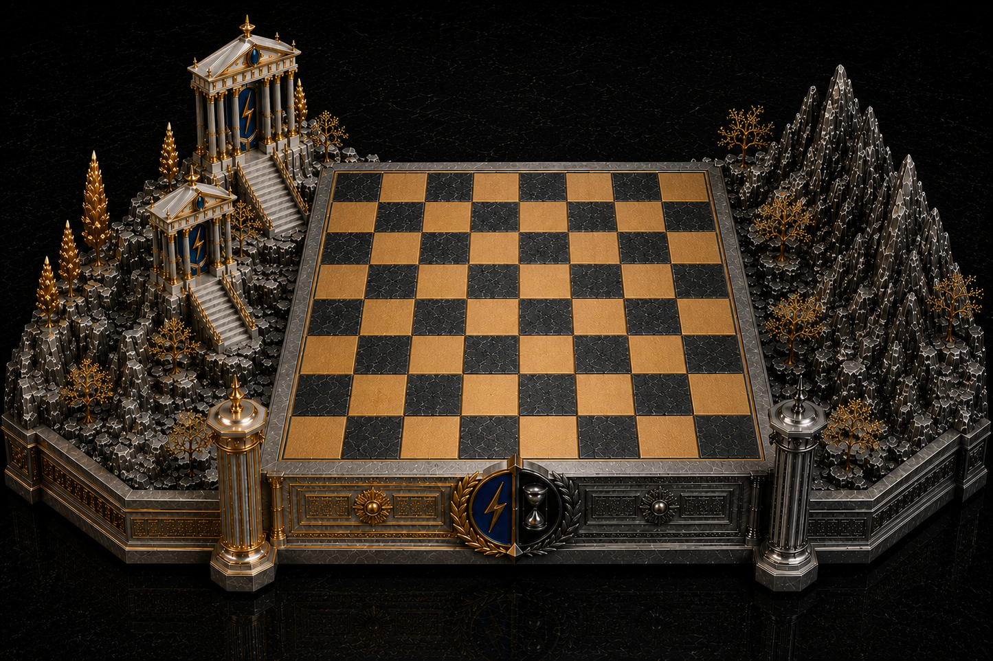 An ornate chess set displayed on a black reflective surface, featuring a black and gold checkered board surrounded by detailed miniature landscapes with classical buildings, columns, and trees in gold and silver tones.