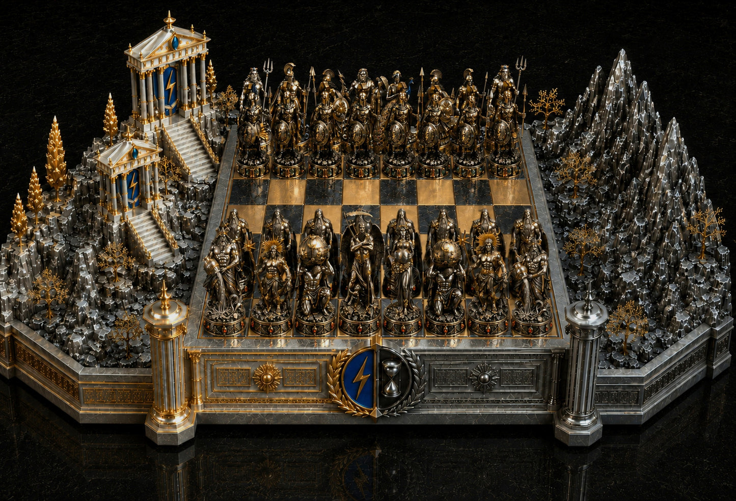 An ornate fantasy chess set displayed on a reflective black surface. The set features metallic gold and silver pieces arranged on a checkered board, surrounded by detailed miniature landscapes including snowy mountains, a classical temple, and columns.