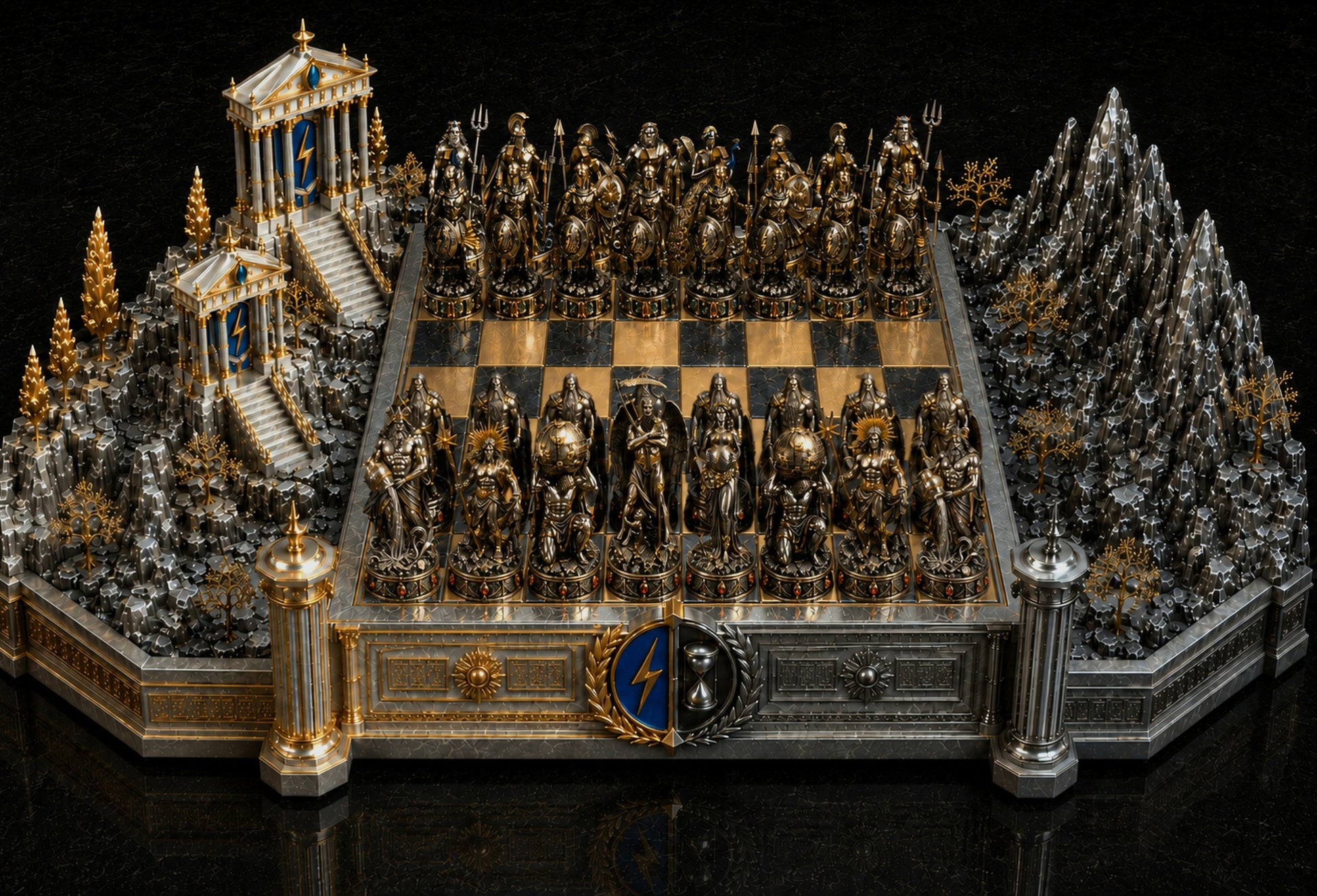 An ornate fantasy chess set displayed on a reflective black surface. The set features metallic gold and silver pieces arranged on a checkered board, surrounded by detailed miniature landscapes including snowy mountains, a classical temple, and columns.