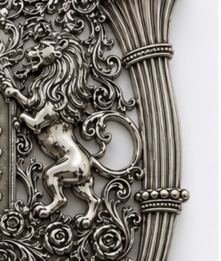 Detailed view of hand-sculpted roses, floral ornamentation, and openwork Baroque scrolls on Royal Guardian Lions sterling silver Torah shield.