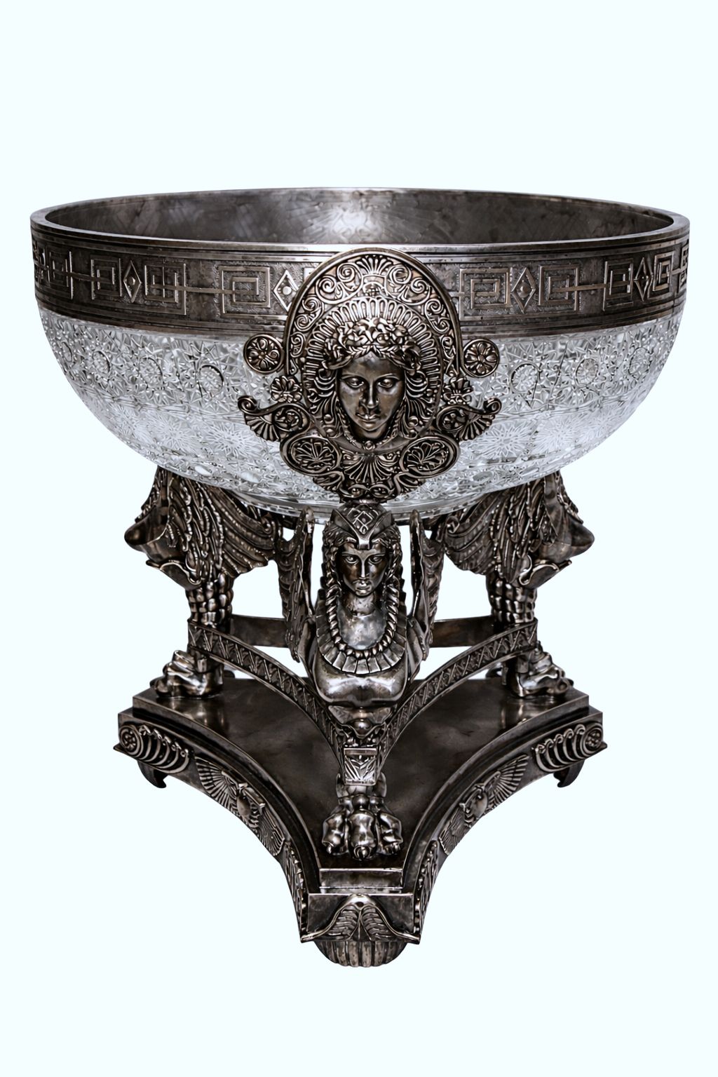 Full structure of monumental sterling silver centerpiece with winged figures and architectural sculptural base.