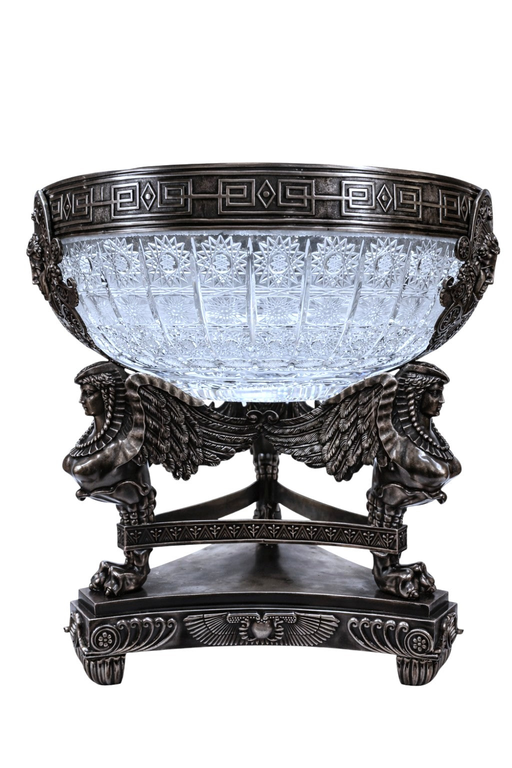Monumental sterling silver and crystal centerpiece with sculpted winged female figures and Greek key border, Viva Victoria by Konforti Jewelry.