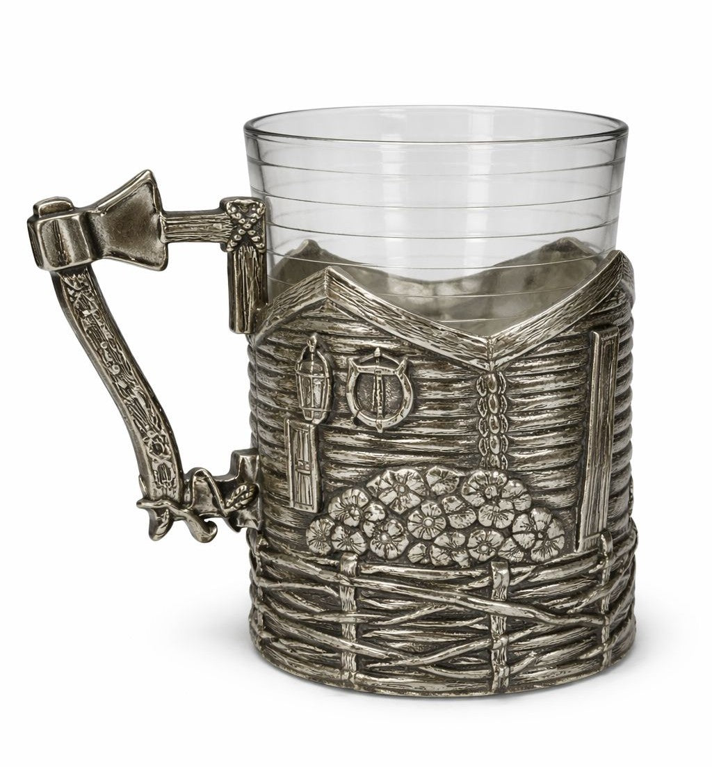 Narrative 925 sterling silver tea cup holder depicting a countryside cottage facade with shutters, lantern, wood textures, and rural architectural relief