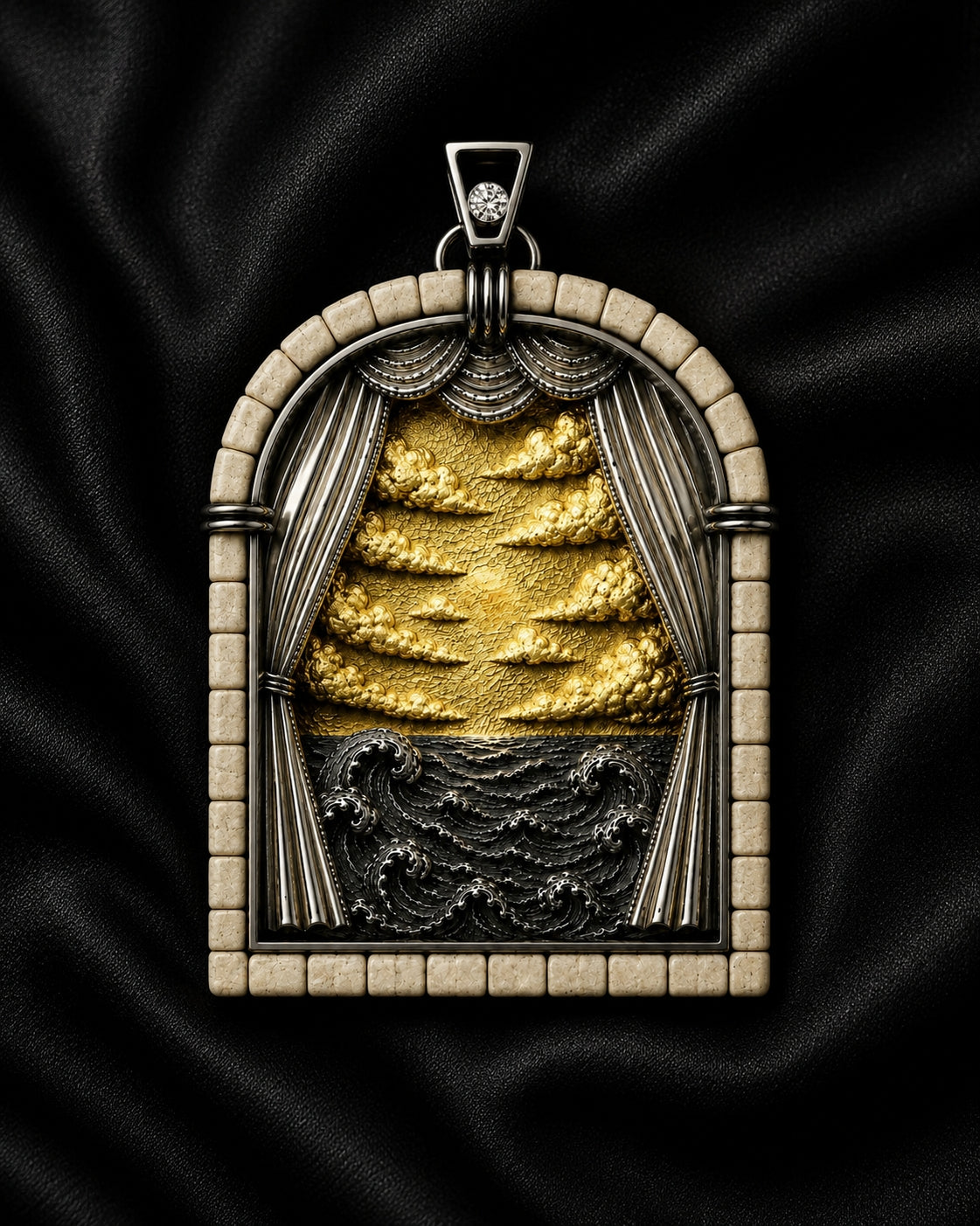 Handcrafted biblical creation pendant with Jerusalem stone, sterling silver, 24K gold gilding and diamond on black background