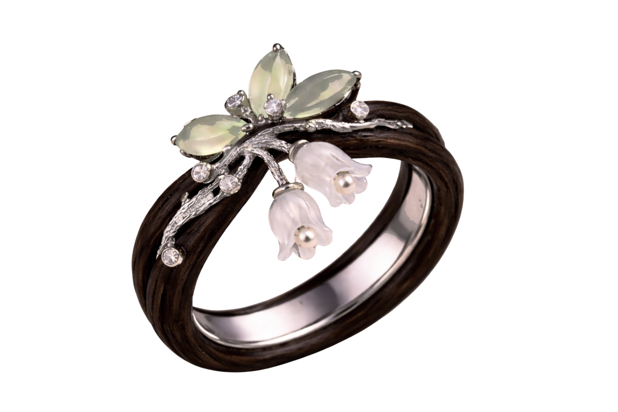 White Bluebell Dew sculptural ring in ebony wood and 18K white gold with prehnite leaves, carved white jade bluebell flowers, pearls, and white sapphires