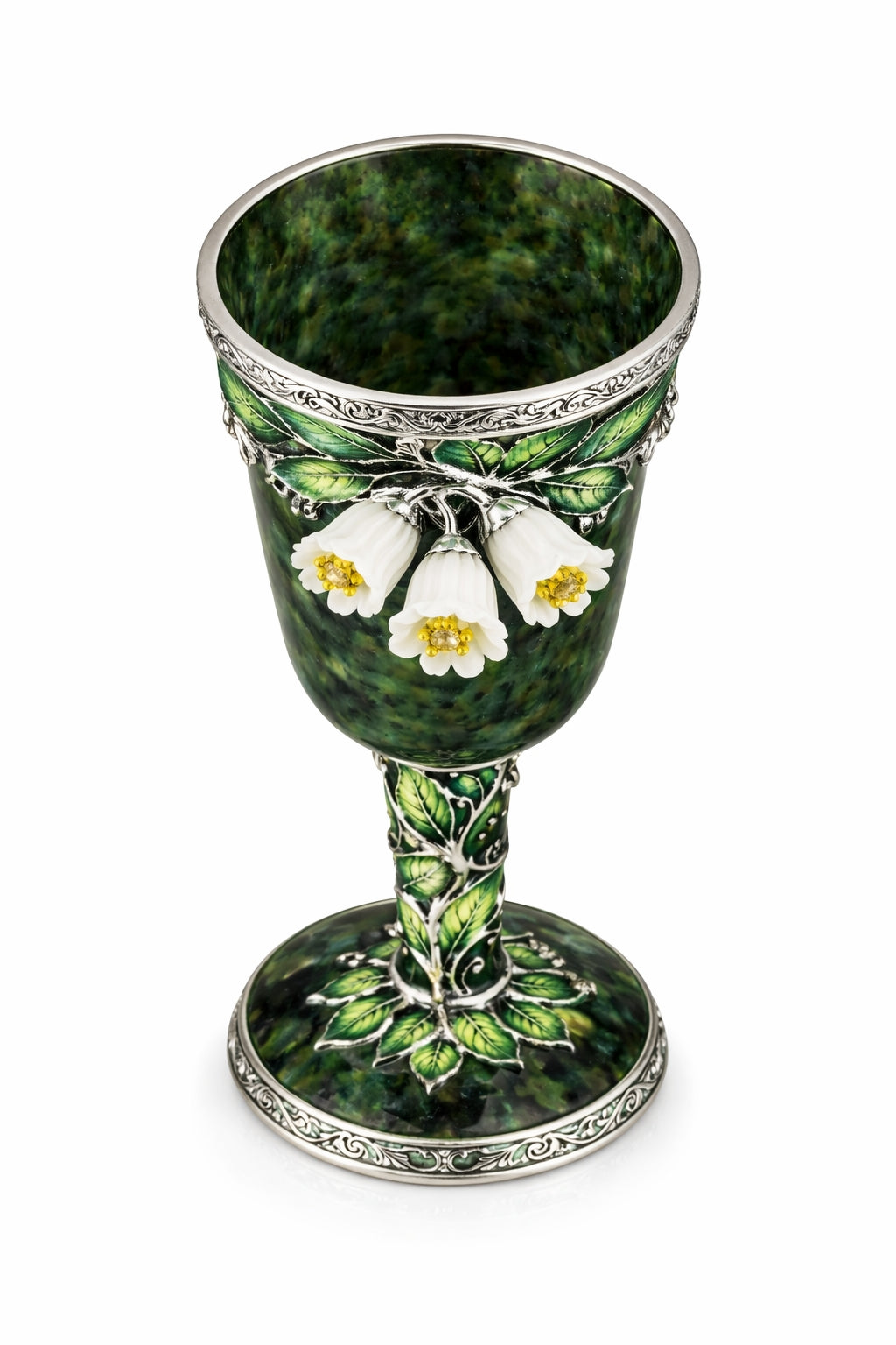 Sculptural nephrite goblet with botanical design in jade, enamel and silver from the White Bluebell Garden collection