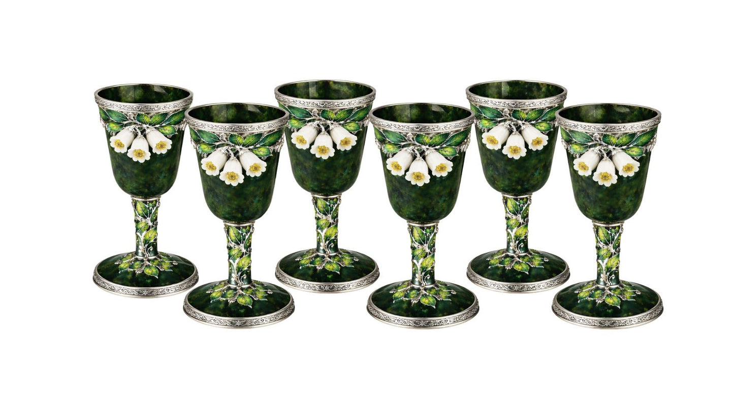 White Bluebell Garden goblet set in carved nephrite with jade flowers, enamel leaves and silver detailing, set of six