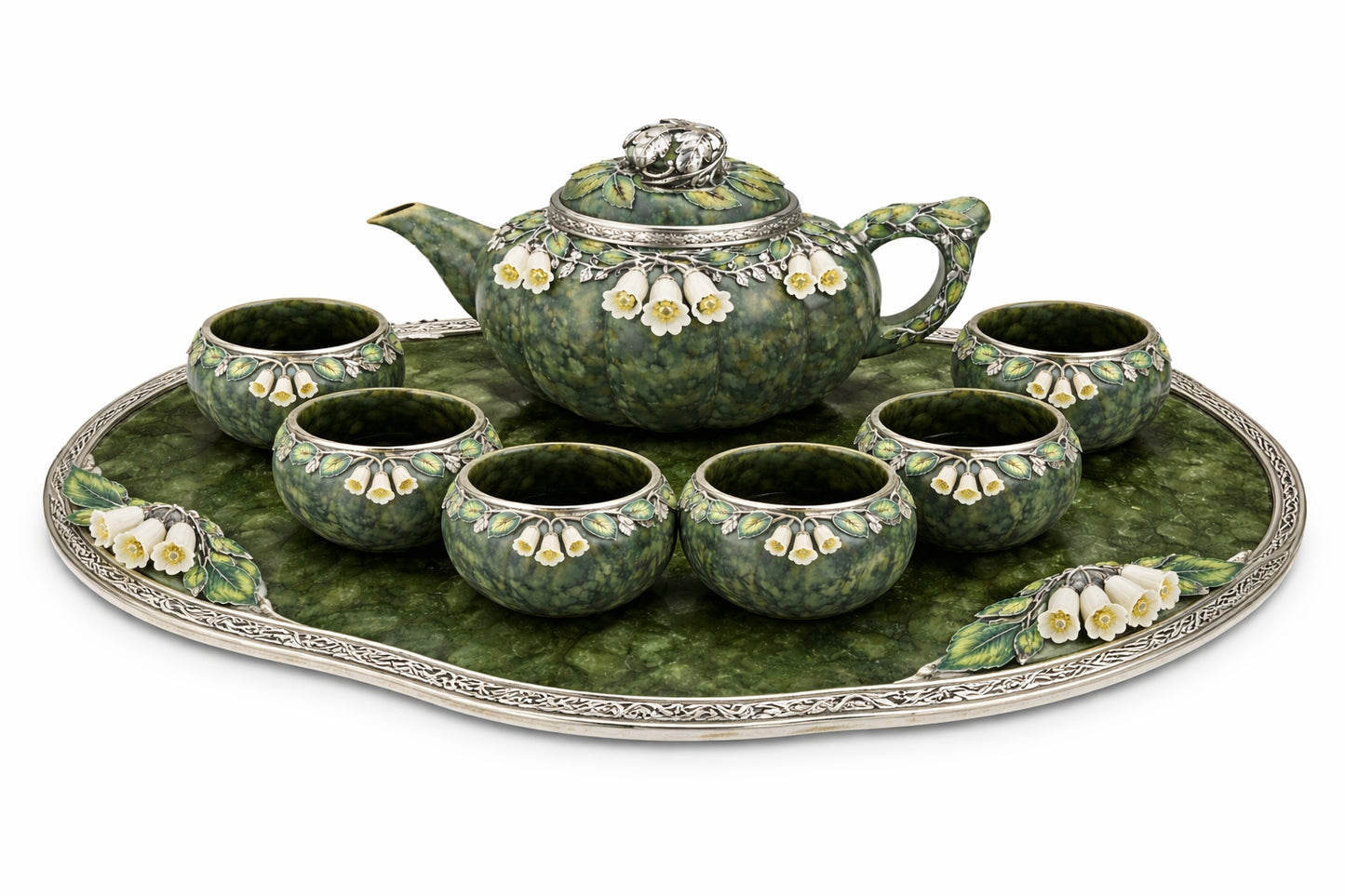 White Bluebell Garden handcrafted tea set with nephrite jade teapot, six cups, and tray, decorated with white jade bluebell flowers, yellow sapphires, and silver enamel