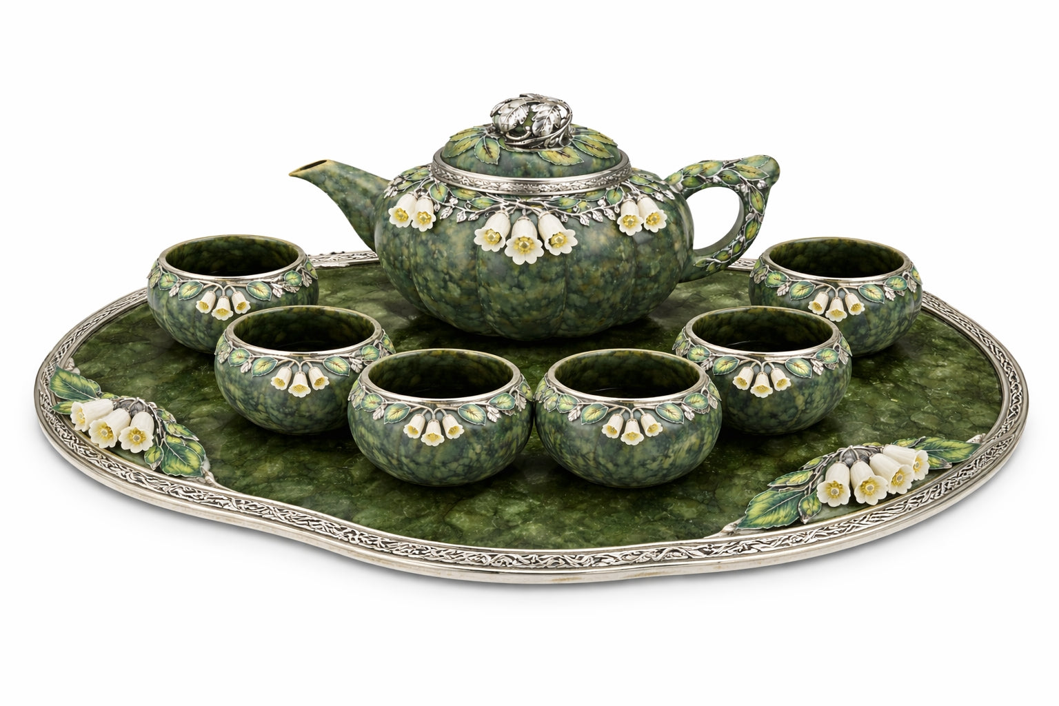 White Bluebell Garden handcrafted tea set with nephrite jade teapot, six cups, and tray, decorated with white jade bluebell flowers, yellow sapphires, and silver enamel