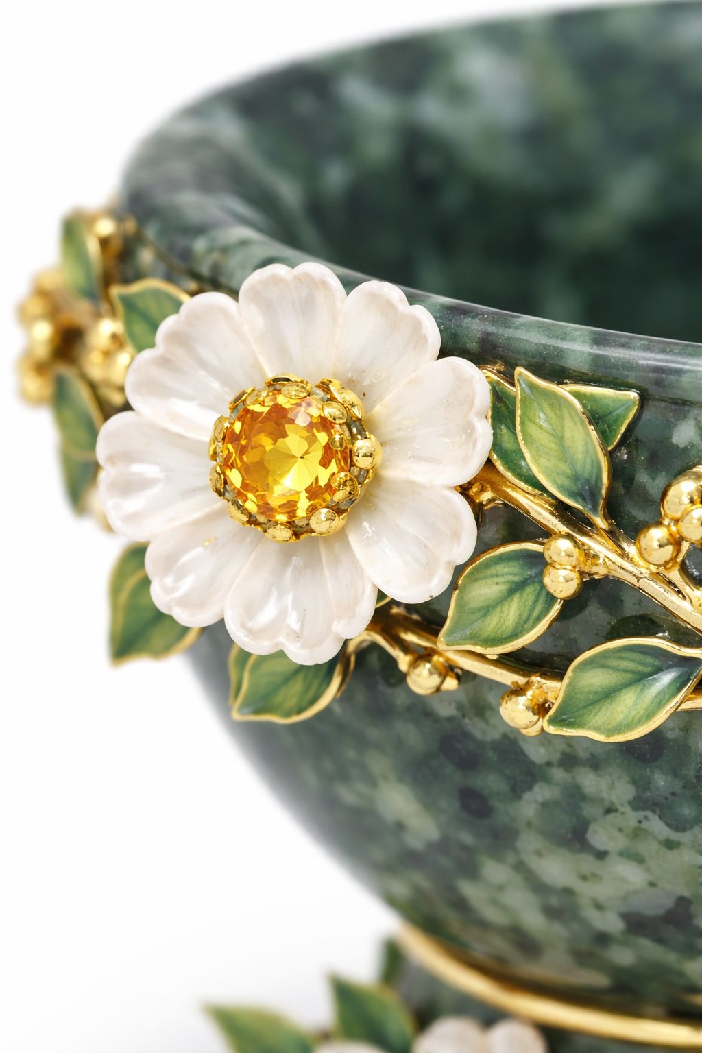 Close-up of white jade flower with citrine center on gold vermeil branch, luxury handcrafted gemstone detail