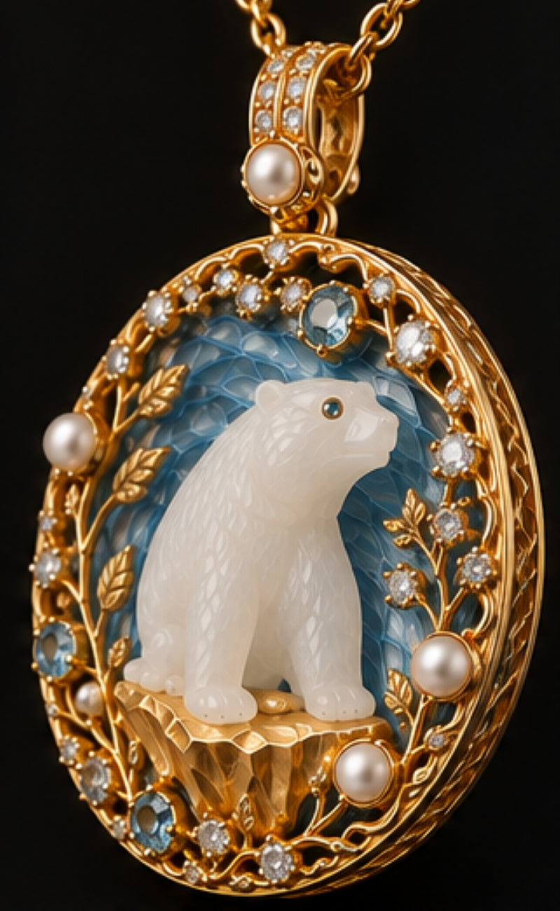 Angled view of Kingdom of Ice 18K gold polar bear pendant with carved white nephrite, diamonds, sky blue topaz and pearls