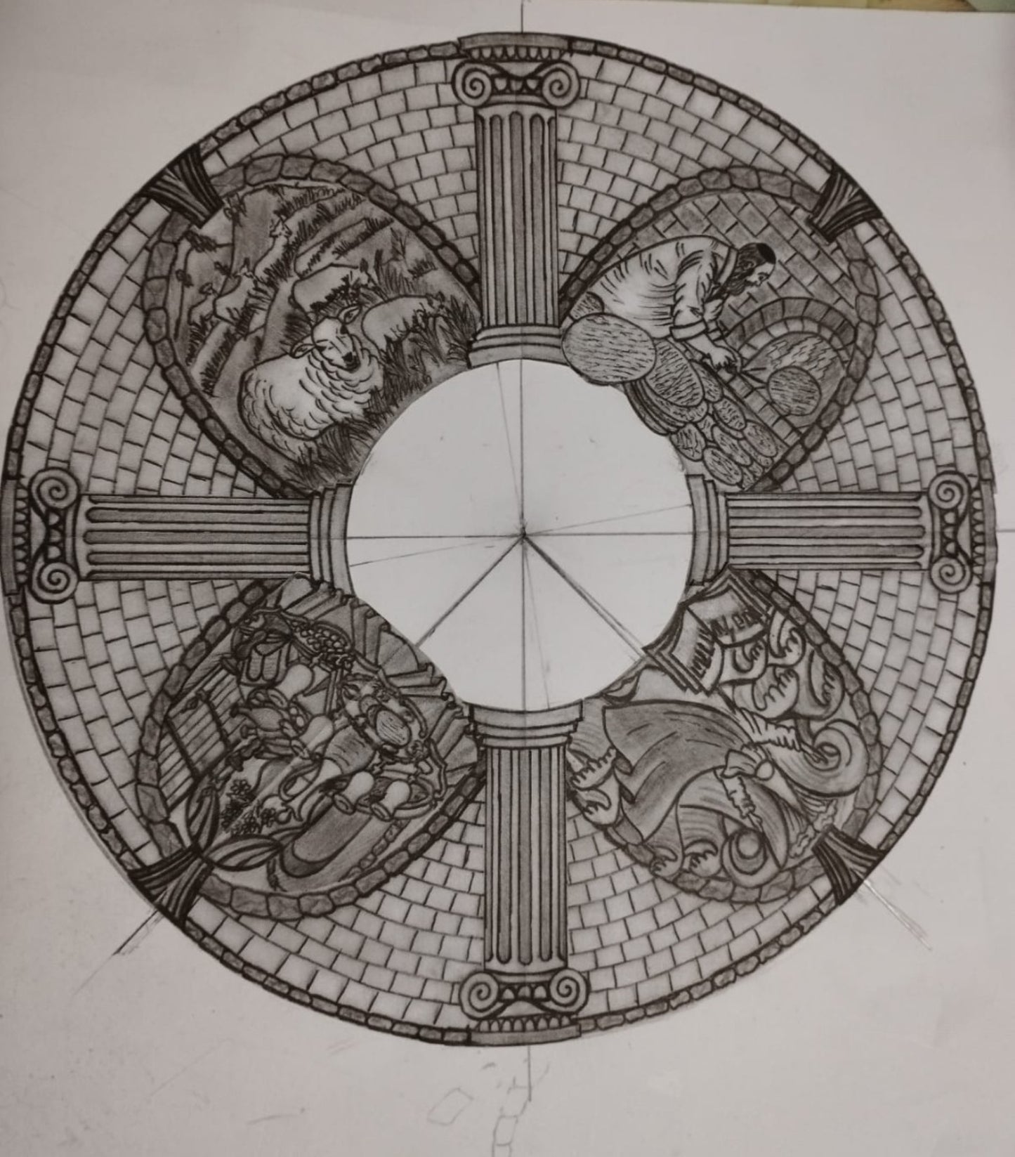 Original hand-drawn design sketch for the “Windows of Freedom” Passover Seder plate, illustrating four narrative Passover scenes arranged around classical columns and Jerusalem stone-inspired architecture.