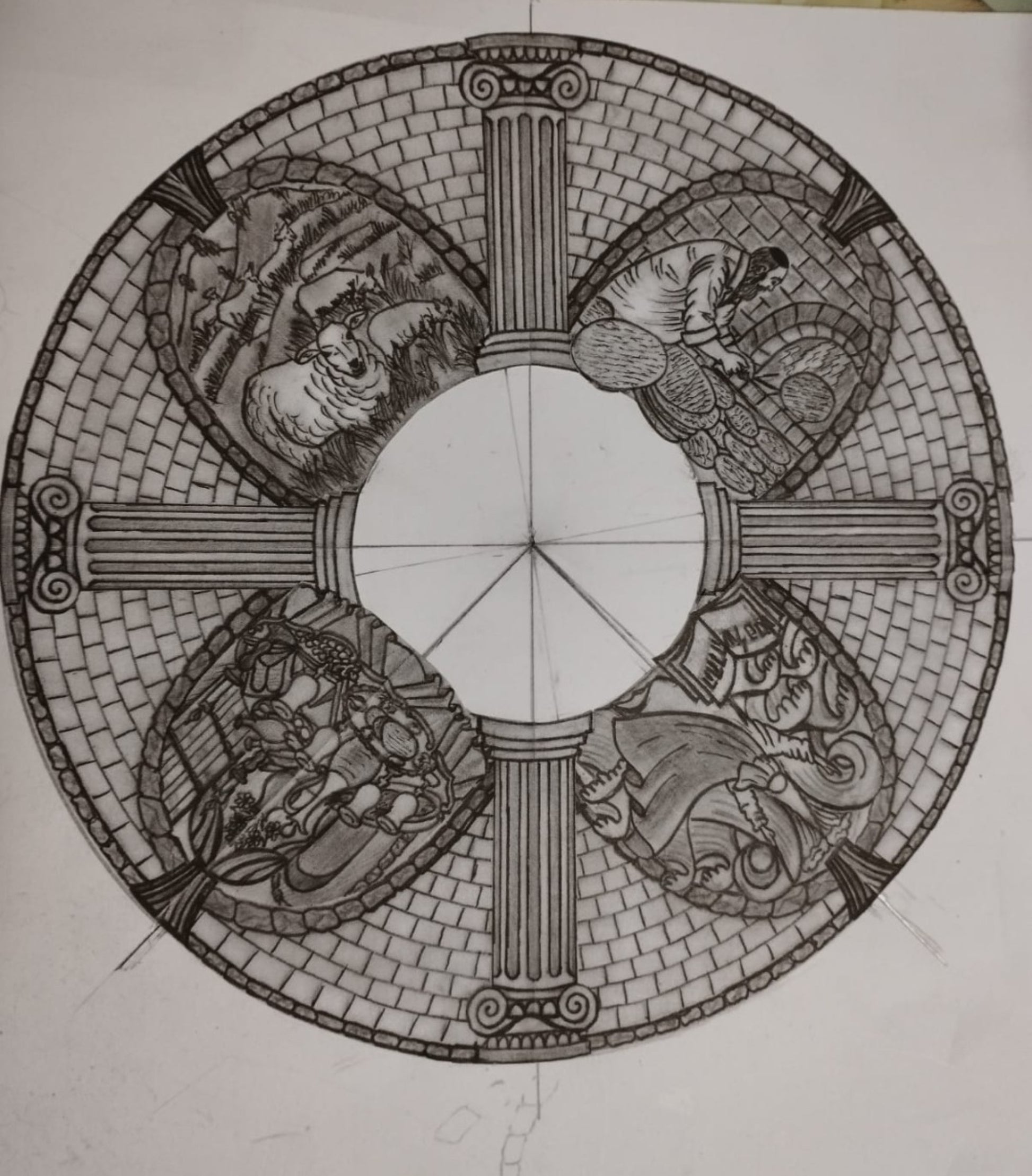 Original hand-drawn design sketch for the “Windows of Freedom” Passover Seder plate, illustrating four narrative Passover scenes arranged around classical columns and Jerusalem stone-inspired architecture.