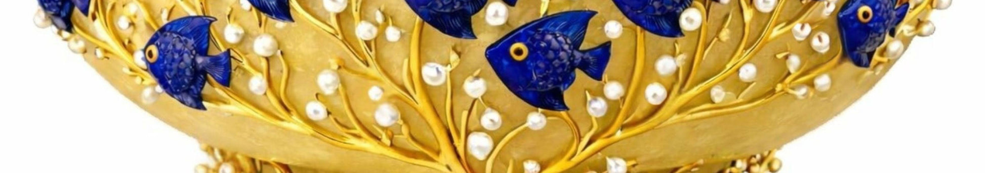 Lapis lazuli fish motif encircling yellow jade bowl with pearl accents and sculptural gold vermeil branches