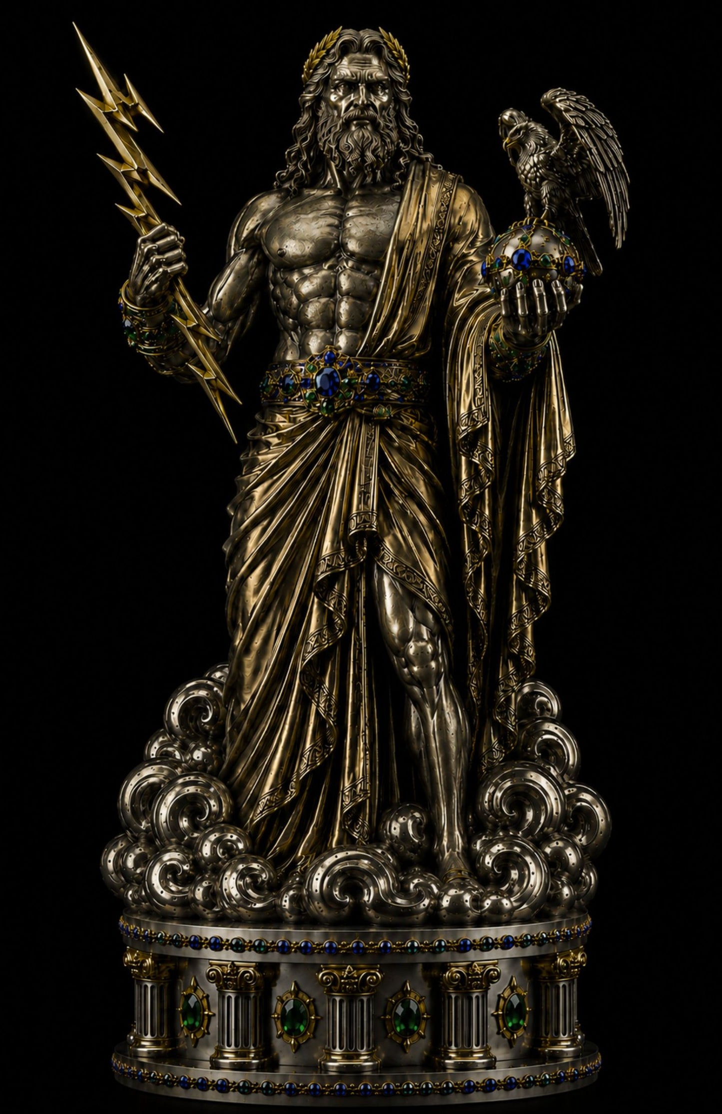 An ornate metallic statue of a bearded male figure in draped robes, holding a lightning bolt in one hand and supporting an eagle in the other, mounted on a decorative pedestal against a black background.