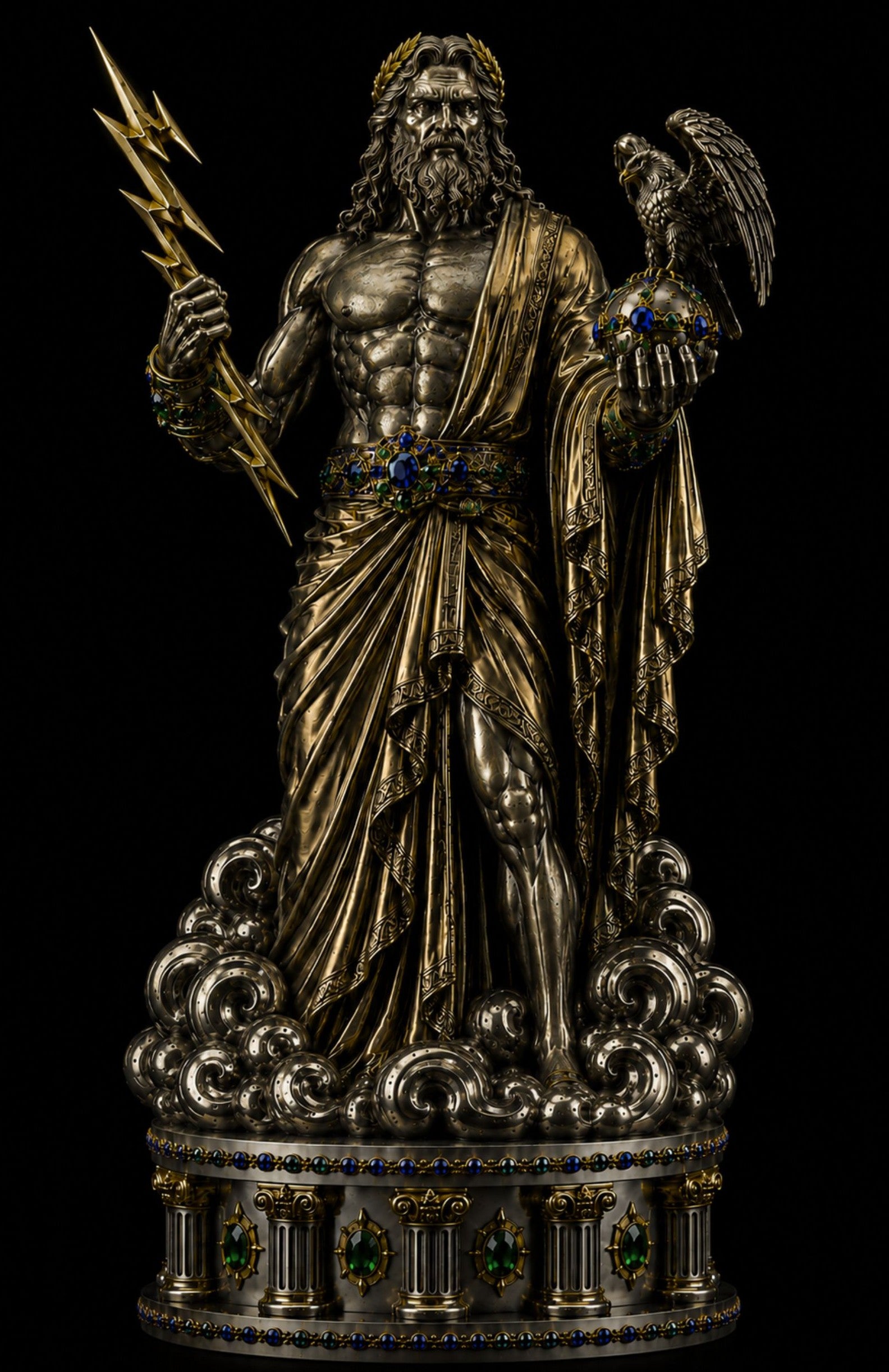 An ornate metallic statue of a bearded male figure in draped robes, holding a lightning bolt in one hand and supporting an eagle in the other, mounted on a decorative pedestal against a black background.