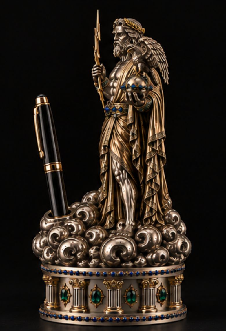 Side view of Zeus luxury pen holder in sterling silver and 18K gold with sculpted clouds and eagle
