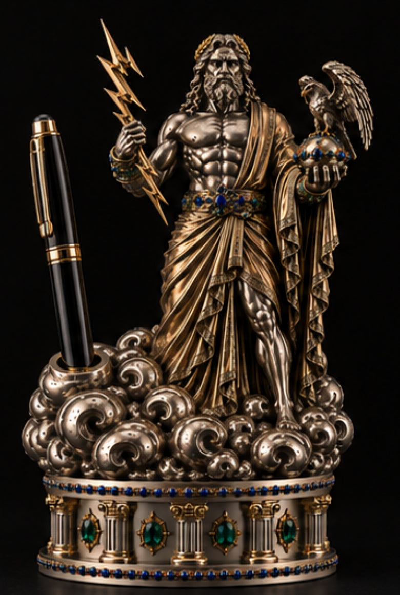 Zeus Greek mythology sculptural pen holder with gold thunderbolt, eagle, sapphires and emeralds