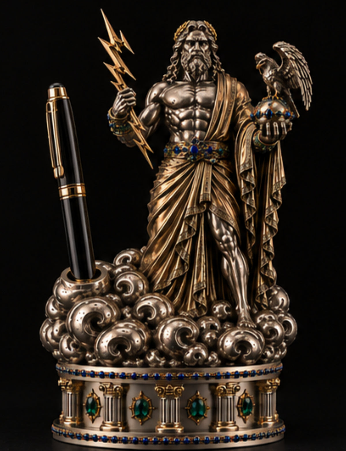 Zeus sculptural luxury pen holder in sterling silver, 18K gold, sapphires and emeralds by Konforti Atelier