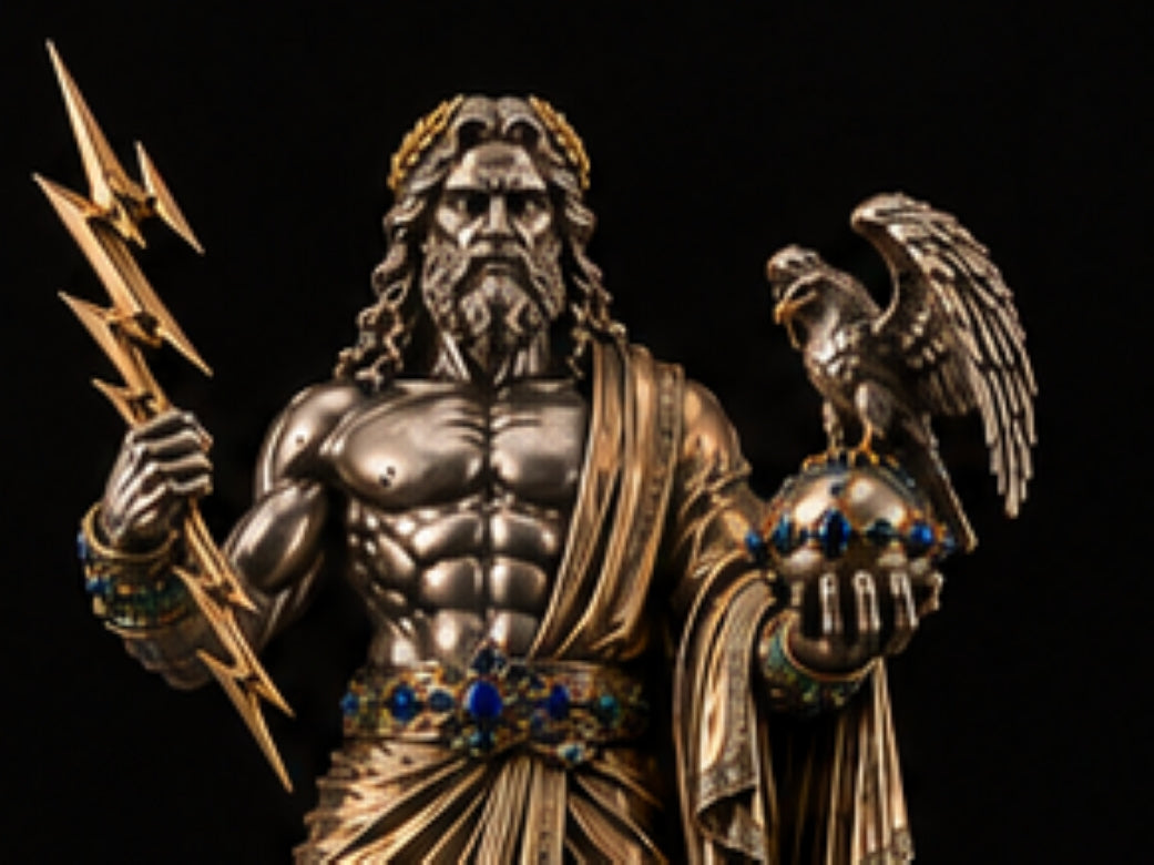 Zeus sculpture detail with 18K gold thunderbolt, sterling silver figure and gemstone-set belt